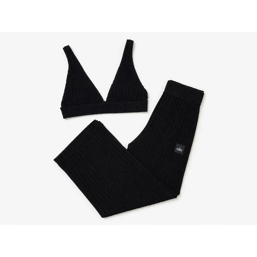 Alo Yoga Black Ribbed Knit Bralette and Wide Leg Pants Lounge Set Womens small